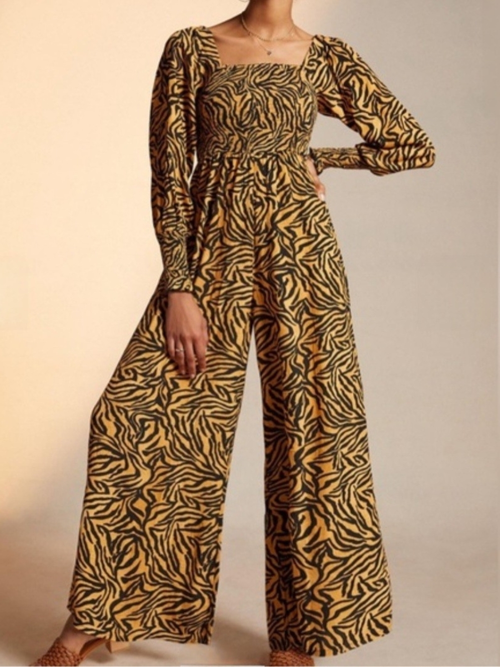 Kachel x Anthropologie Tiger Stripe Smocked Wide Leg Jumpsuit Size 8